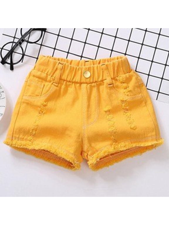 Denim Shorts with Pockets for Girls, Ripped Elastic Waist Casual Cotton Summer Shorts with Pockets Yellow Size 1-2 T