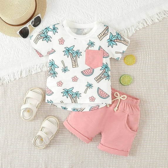 Cethrio Fashion Boy And Girls' Casual Short Sleeve Tops Round Neck Collar Botton Printed Short Pants Sets Pink Size 6-12 Months
