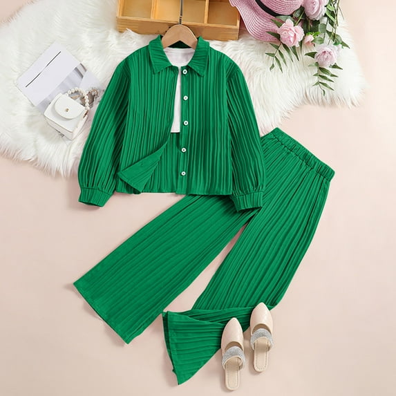 Wavsuf Fashion Girls' Casual Long Sleeve Tops Turndown Neck Collar Botton Long Pants Set Green Size 11-12 Years