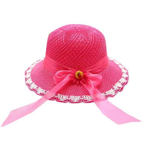 Cethrio Fedora Hats for Girls, Outdoor Summer Wide Brim Straw Hats Sun Hats Hot Pink Size 3-7 T