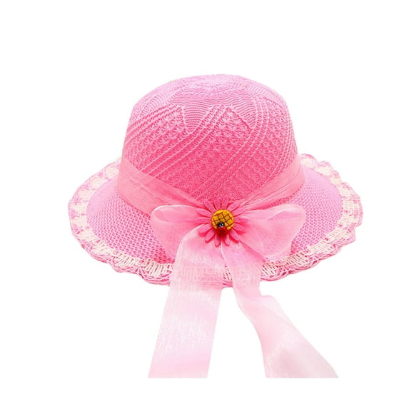 Cethrio Fedora Hats for Girls, Outdoor Wide Brim Summer Straw Hats Sun Hats Pink Size 3-7 T