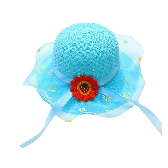 Cethrio Fedora Hats for Girls, Wide Brim Breathable Summer Straw Hats Sun Hats Light Blue Size 3-7 T