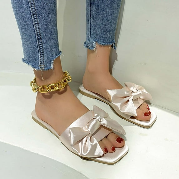 Cethrio Flat Sandals for Women Bow Casual Summer Silver Sandals Shoes Size 36