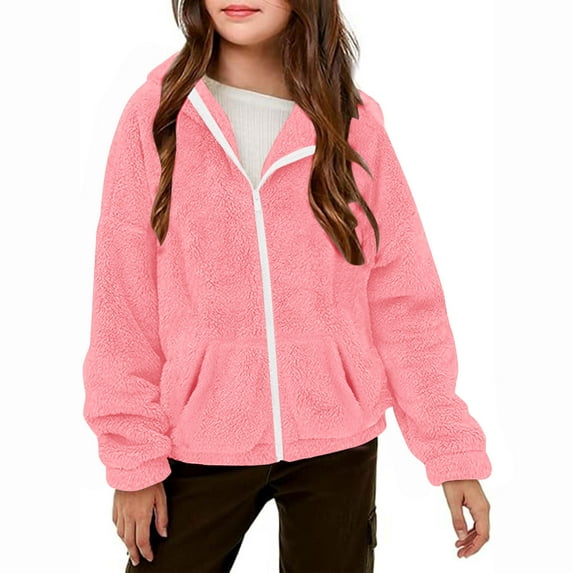 Cethrio Fleece Jackets for Girls, Soft Lightweight Zipper Warm Fall Winter Outerwear Pink Size 5-6 T