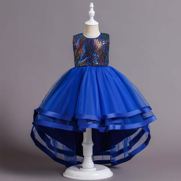 Wavsuf Flower Girls Dress Nets Bow Dark Blue Princess Dress Size 9-10 Years