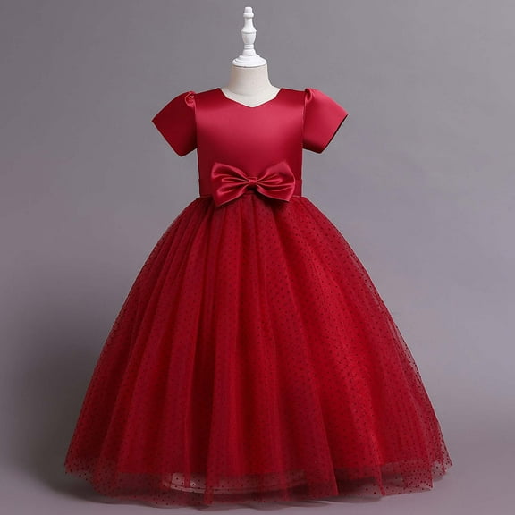 Wavsuf Flower Girls Dress Nets Bow Wine Princess Dress Size 13-14 Years