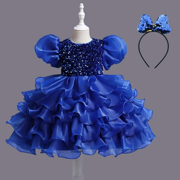 Wavsuf Flower Girls Dress Nets Sequins Blue Princess Dress Size 6-7 Years