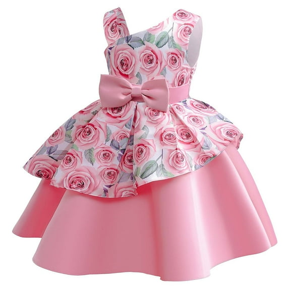Cethrio Flower Girls Dress Printed Pink Princess Dress Size 8-9 Years