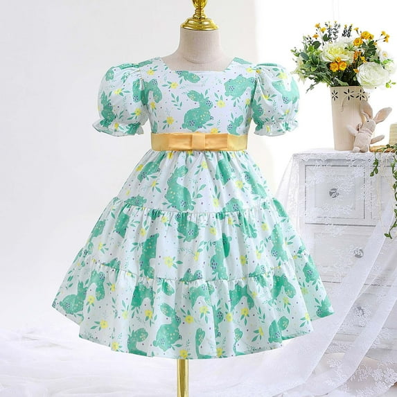 Wavsuf Flower Girls Dress Printed Puff Green Princess Dress Size 3-4 Years
