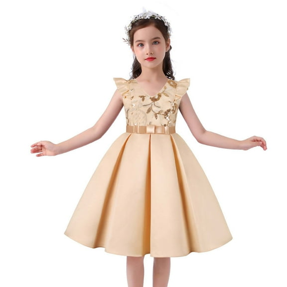 Wavsuf Flower Girls Dress Sequins Beige Princess Dress Size 5-6 Years
