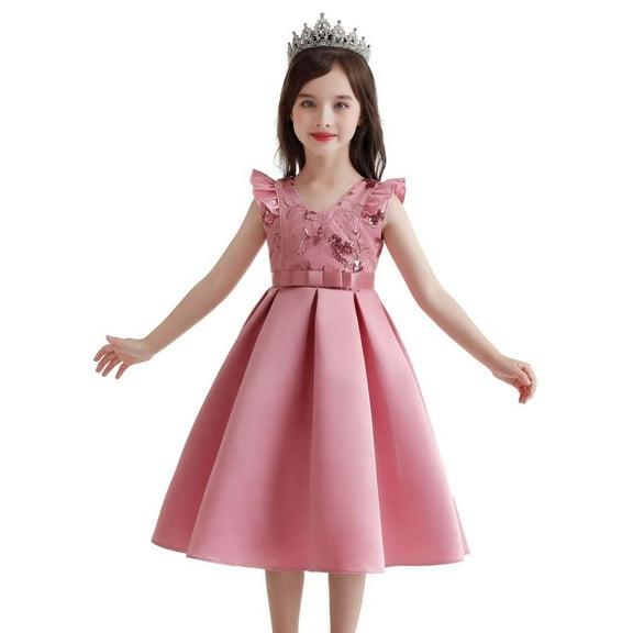 Wavsuf Flower Girls Dress Sequins Pink Princess Dress Size 5-6 Years