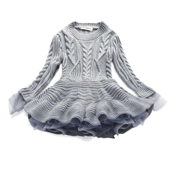 Cethrio Flower Girls Dresses Kids Princess Long Sleeve Knitted Fall and Winter Gray Dresses Size 120