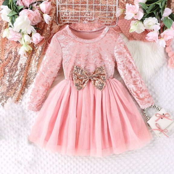 Wavsuf Flower Girls Dresses Fleece Crew Neck Nets Sequins Bow Tulle Long Sleeve Winter Pink Princess Dress Size 7Y