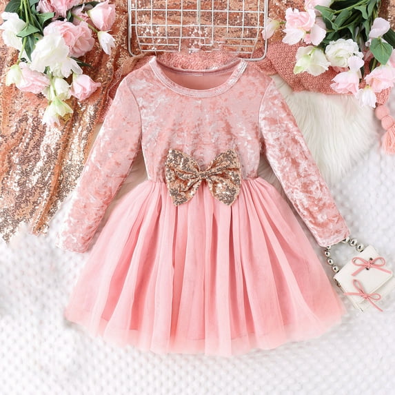 Wavsuf Flower Girls Dresses Fleece Crew Neck Nets Sequins Bow Tulle Long Sleeve Winter Pink Princess Dress Size 7Y