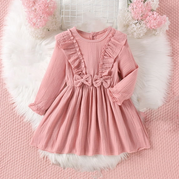 Wavsuf Flower Girls Dresses Long Sleeve Ruffled A-Line Bow Pink Dresses Size 6Y