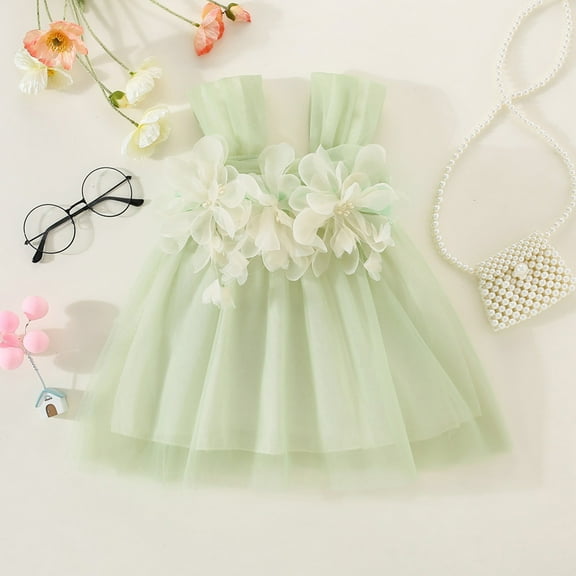 Cethrio Flower Toddler Girls Dresses Summer Solid Nets Tulle Cute Green Princess Dress Size 18 Months