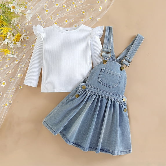 Wavsuf Girl Fall Outfit Toddler Girl Long Sleeved Solid Color Top Denim Stringer Skirt Suit For 1-5 Years White Size 1Y