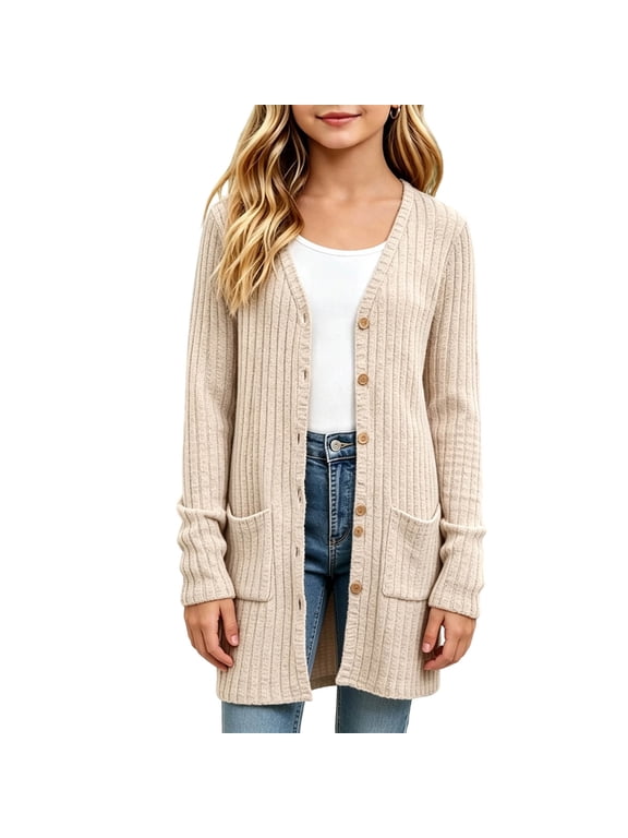 Girl's Open Front Cardigans Size 10-12, Long Sleeve Casual Lightweight Mid-length Cardigan Sweaters Khaki
