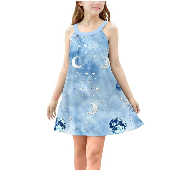 Cethrio Girl's Summer Dresses, 2025 Sleeveless A-Line Casual Dresses Holiday Dresses Blue Size 5-6T