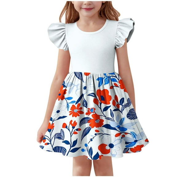 Cethrio Girl's Summer Dresses, Party A-Line Flutter Sleeve Princess Dresses Birthday Dresses White Size 5-6T