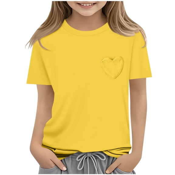 Cethrio Girl's T-shirts 2025, Crewneck Relaxed Fit Summer Casual Short Sleeve Tops Yellow Size 14-15T