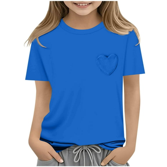 Cethrio Girl's T-shirts 2025, Relaxed Fit Casual Crewneck Summer Short Sleeve Tops Blue Size 14-15T