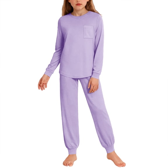 Cethrio Girls 2 Piece Pajama Sets, Comfy Crew Neck Long Sleeve Girls' Sleepwear Loungewear Purple Size 7-8