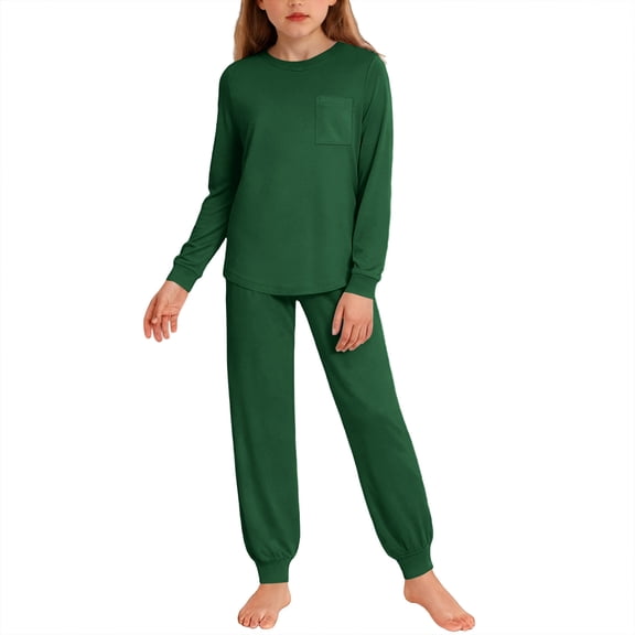 Cethrio Girls 2 Piece Pajama Sets, Comfy Long Sleeve Crew Neck Girls' Sleepwear Loungewear Green Size 10-12