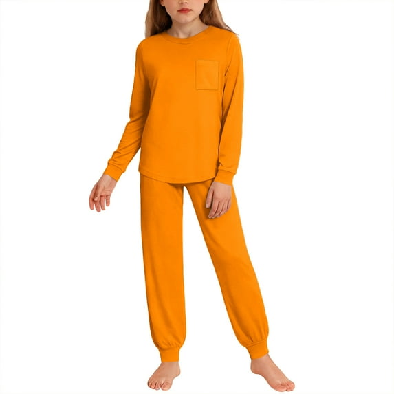 Cethrio Girls 2 Piece Pajama Sets, Crew Neck Comfy Long Sleeve Girls' Sleepwear Loungewear Orange Size 14
