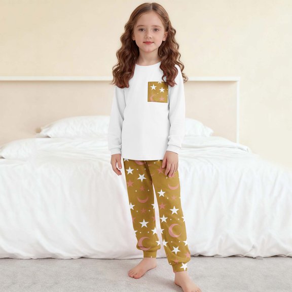 Cethrio Girls 2 Piece Pajama Sets, Crew Neck Long Sleeve Printed Girls' Sleepwear Loungewear Yellow Size 14