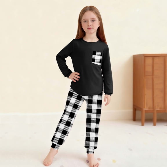 Cethrio Girls 2 Piece Pajama Sets, Soft Crew Neck Long Sleeve Girls' Sleepwear Loungewear Black Size 10-12