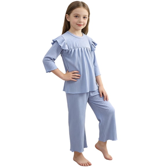 Cethrio Girls 2 Piece Pajama Sets, Soft Flutter Sleeve Crew Neck Comfy Sleepwear Loungewear Blue Size 9-10 T