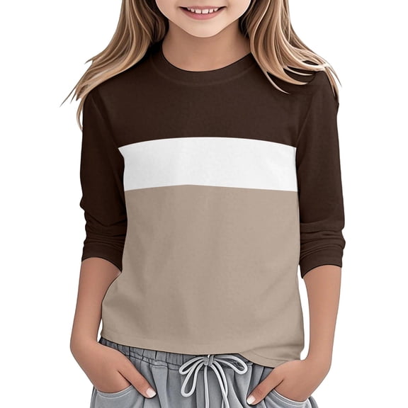Cethrio Girls 3/4 Sleeve Tops, Casual Crew Neck Soft Pullover Girls T-Shirts Brown Size 10-12