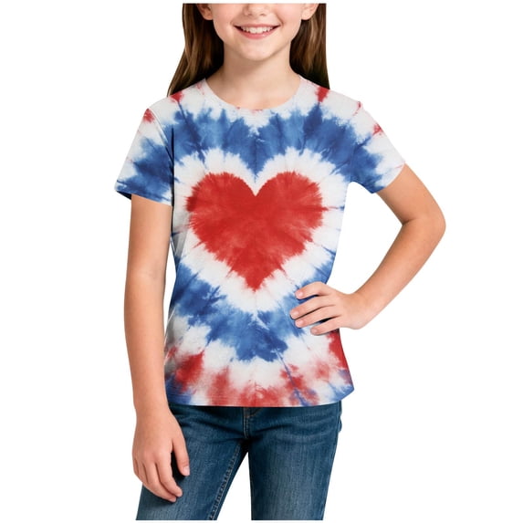 Cethrio Girls 4th of July T-shirts, Crew Neck Short Sleeve Casual Soft Graphic Tees Sky Blue Size 7-8