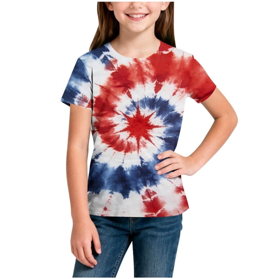 Cethrio Girls 4th of July T-shirts, Crew Neck Short Sleeve Pullover Casual Summer Tops Blue Size 7-8