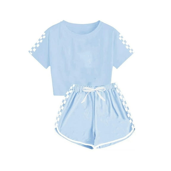 Cethrio Girls Active Outfit Set, Elastic Waist Plaid Short Sleeve T-Shirts and Shorts Sets Sky Blue Size 10 T