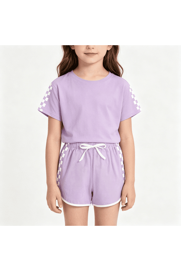 Girls Active Outfit Set, Elastic Waist Short Sleeve Plaid T-Shirts and Shorts Sets Purple Size 10 T