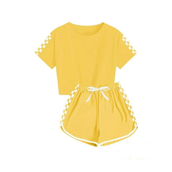 Cethrio Girls Active Outfit Set, Elastic Waist Short Sleeve Plaid T-Shirts and Shorts Sets Yellow Size 10 T