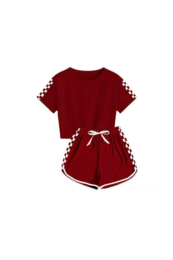 Girls Active Outfit set, Short Sleeve Plaid Elastic Waist T-Shirts and Shorts Sets Wine Size 5 T