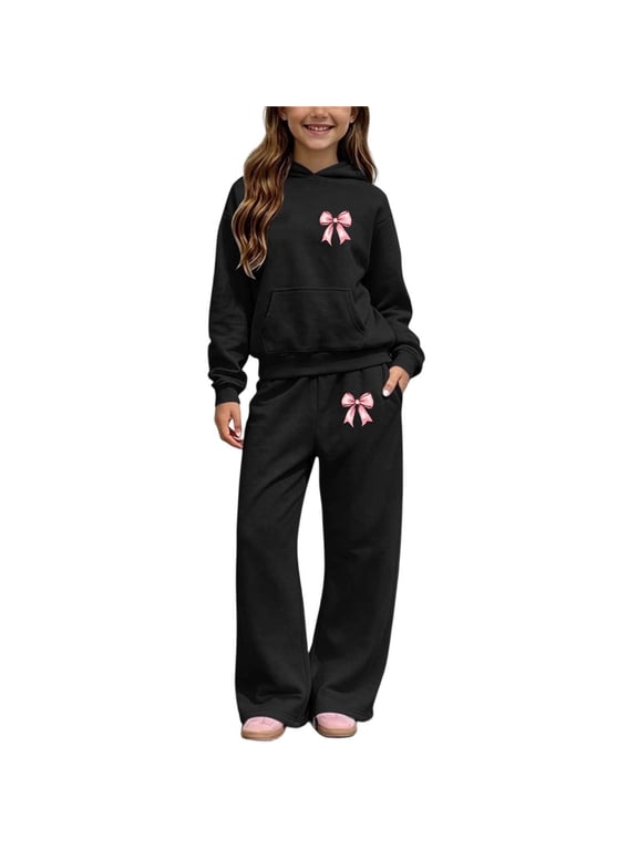 Girls Athletic Outfit Sets, Long Sleeve 2 Piece Running Casual Girls' Clothing Sets Black Size 7-8 T