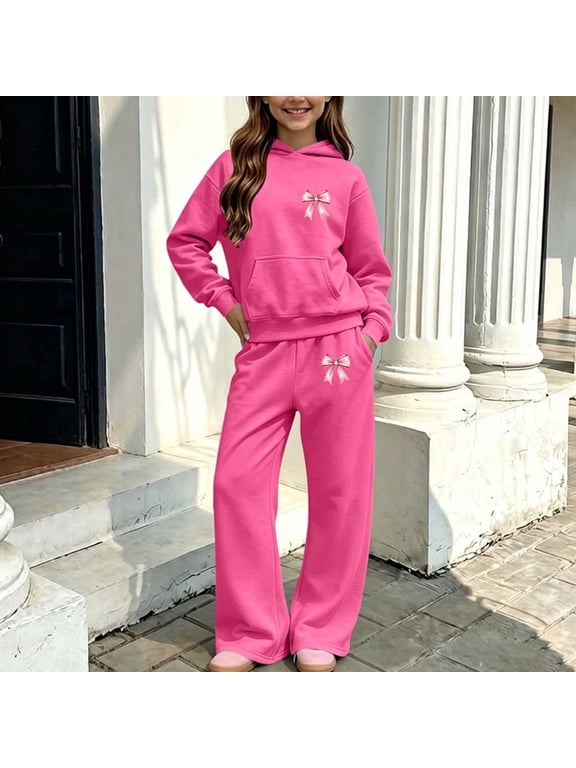 Girls Athletic Outfit Sets, Running 2 Piece Long Sleeve Casual Girls' Clothing Sets Hot Pink Size 7-8 T