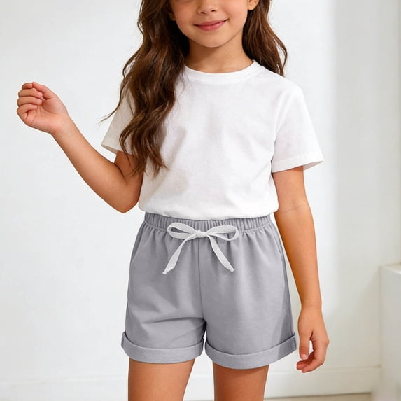 Cethrio Girls Athletic Shorts, Elastic Waist Summer Casual Relaxed Fit Kids Running Shorts Gray Size 5-6 T