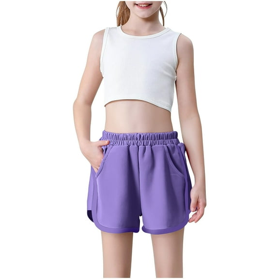 Cethrio Girls Athletic Shorts Size 7-8 T, Loose Cotton Running Elastic Waist Summer Shorts Purple