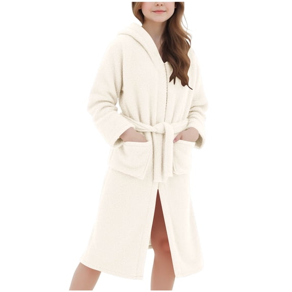 Cethrio Girls Bathrobes, Long Sleeve Winter Fleece Warm Sleepwear Robes with Belt Beige Size 10-12