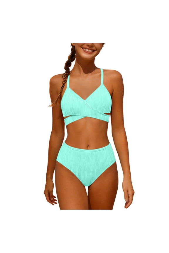 Girls Bikini Swimsuits, Summer Two Piece Vacation High-waisted Swimsuit Tops and Swimsuit Bottoms Mint Green Size 11-13 T