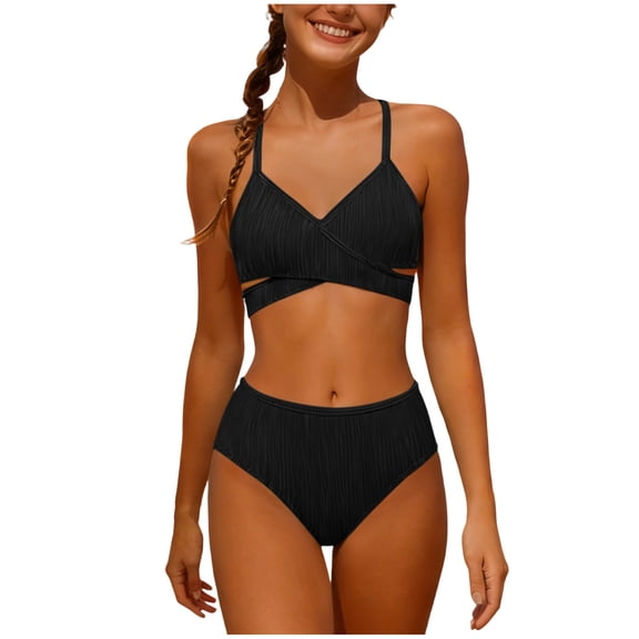 Cethrio Girls Bikini Swimsuits, Summer Vacation Two Piece High-waisted Swimsuit Tops and Swimsuit Bottoms Black Size 14-16