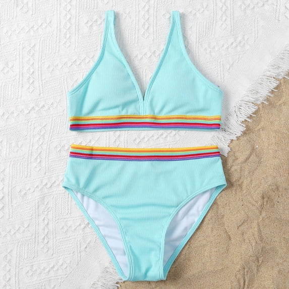 Cethrio Girls Bikinis, Fashion Quick Dry Two-Piece Solid Color Summer Swimsuits Light Blue Size 10-11 T