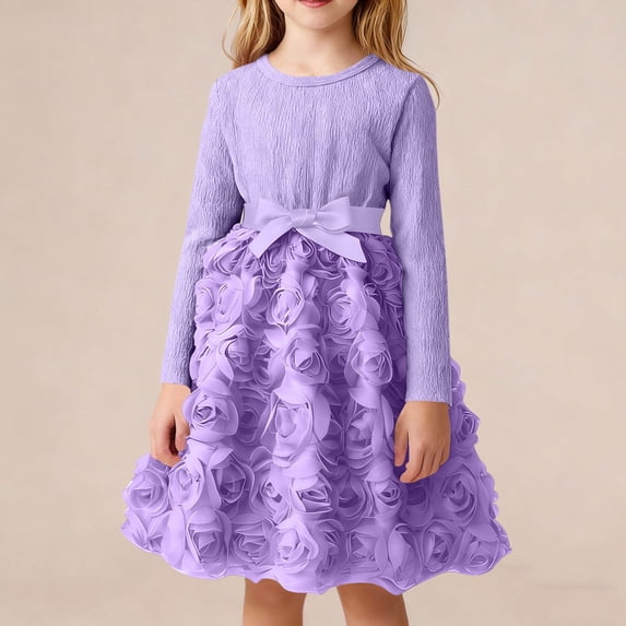 Cethrio Girls Birthday Dresses, Long Sleeve Mid-length Casual Party Summer Dresses Purple Size 5T