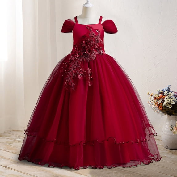 Cethrio Girls Birthday Princess Dress- Mesh Short Sleeve Bow Tie Pageant Dresses Red Size 7-8T