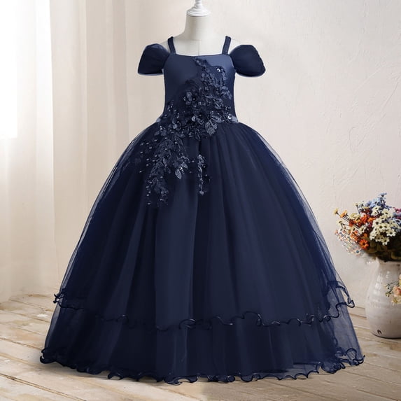 Cethrio Girls Birthday Princess Dress- Short Sleeve Bow Tie Mesh Pageant Dresses Navy Size 13-14T